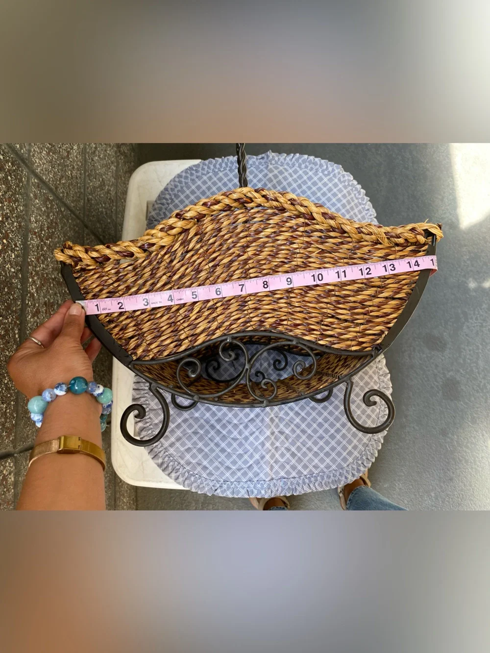 American Vintage Woven Natural Brown Basket with Twisted Iron Handle